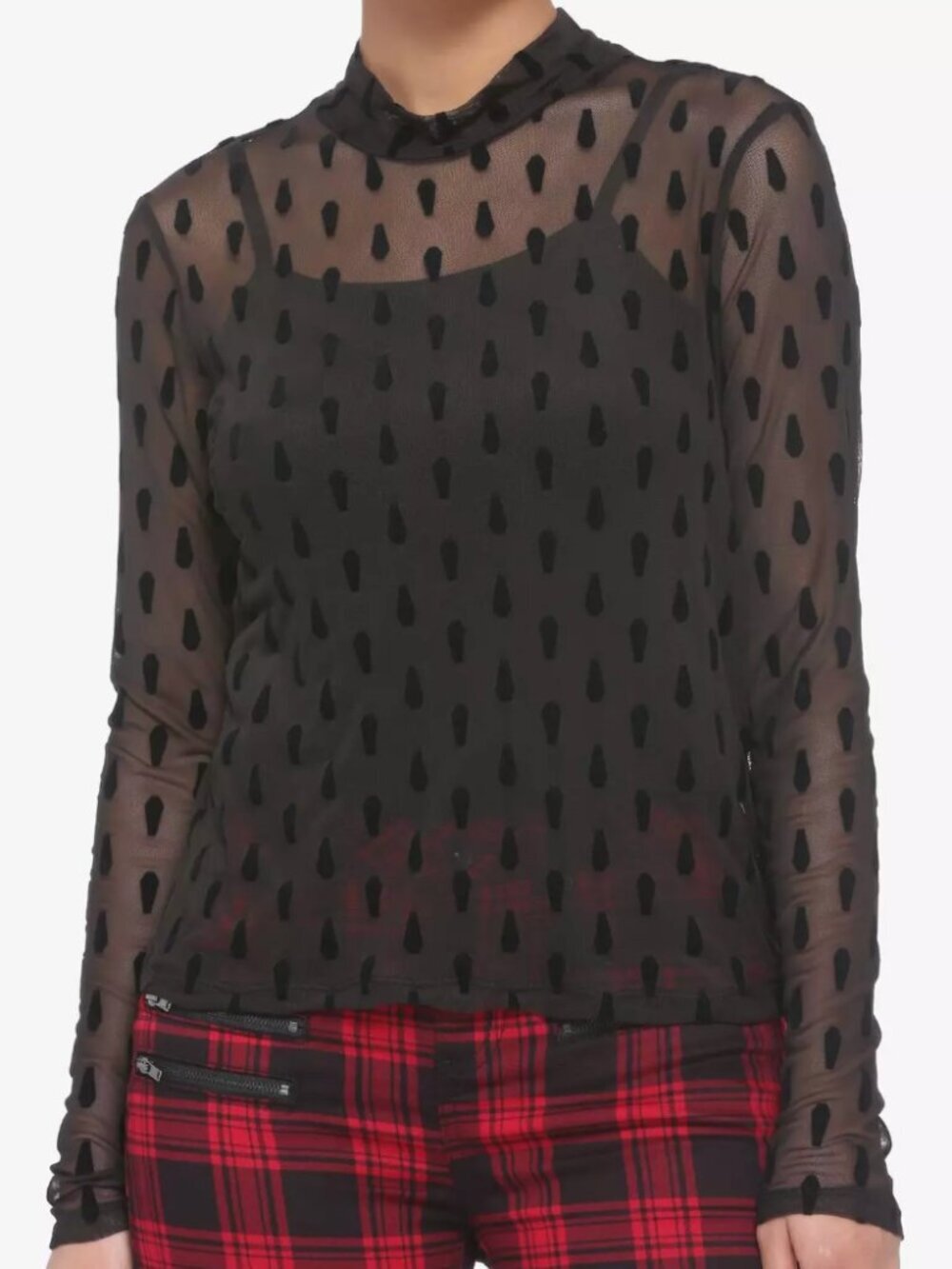 Hot Topic Flocked Coffin Sheer Layered Mesh Long-Sleeve Top